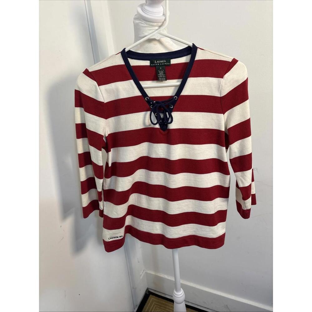 Lauren Ralph Lauren Americana Red Striped  Top 3/4 Sleeves Small New Green Label